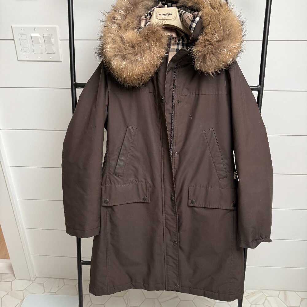 LOVED- BURBERRY Chocolate Brown Winter Jacket with Racoon Fur Hood - Size S